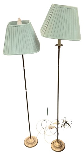 Lot 212 - Low reeded brass standard lamps with beaded...