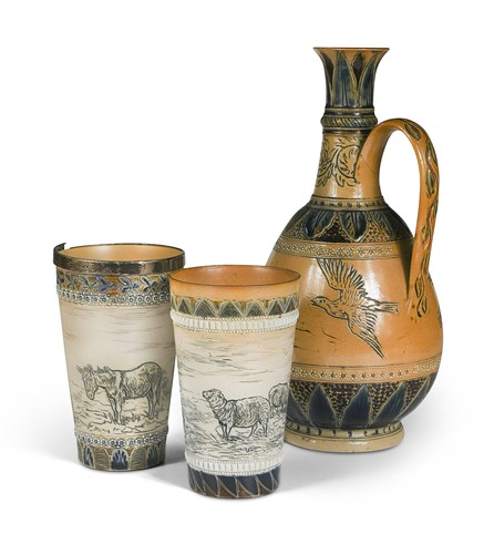 Lot 59 - Hannah Barlow (1851-1916) for Doulton Lambeth, a stoneware ewer, 1874