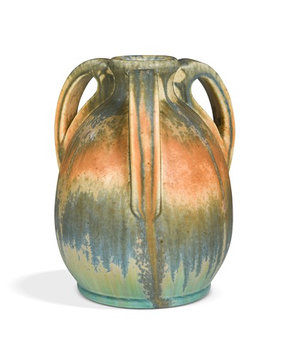 Lot 35 - A Ruskin Studio tri-handled vase, in mottled...