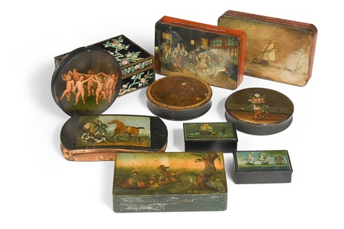 Lot 636 - A collection of painted papier-mâché and tin boxes, 19th century