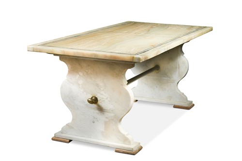 Lot 658 - An onyx top refectory style table with black line inlay, early 20th century