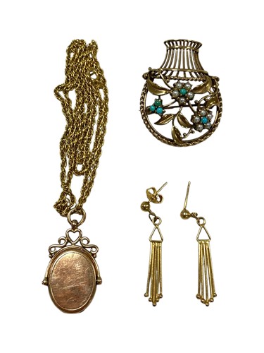 Lot 274 - A turquoise and half pearl brooch stamped '9CT'...