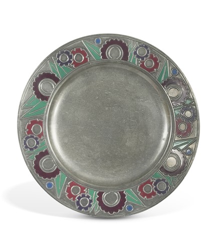 Lot 204 - An enamelled pewter charger