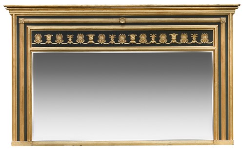 Lot 655 - A black painted and gilt overmantel mirror, 19th century and later