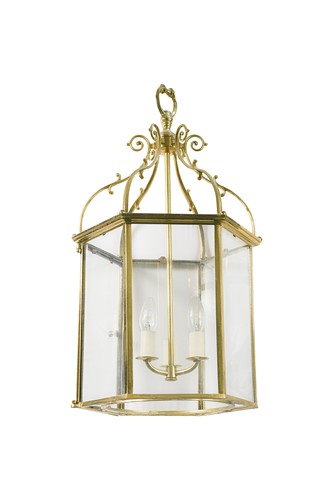 Lot 598 - A hexagonal brass hall lantern, modern