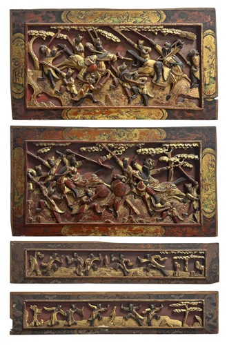 Lot 48 - Two Chinese relief carved, scarlet lacquered and gilded panels from a room screen, Qing Dynasty 19th century