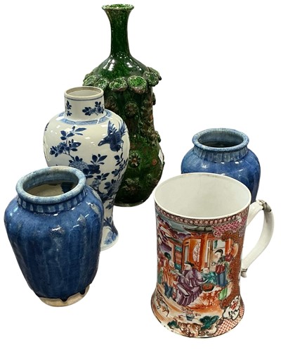 Lot 38 - A pair of terracotta vases with blue glaze;...