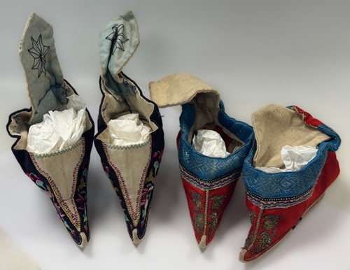 Lot 50 - A pair of Chinese silk embroidered "lotus foot' shoes, late Qing Dynasty circa 1900