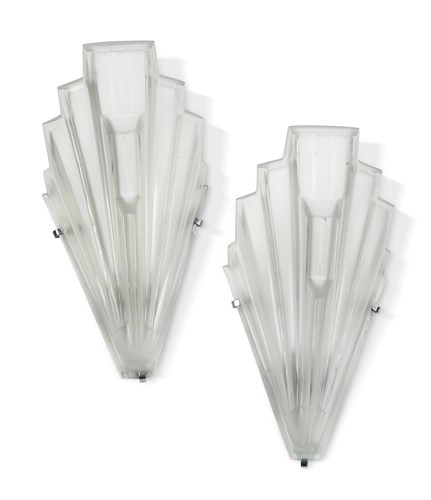 Lot 393 - A pair of Art Deco Sabino frosted glass wall lights