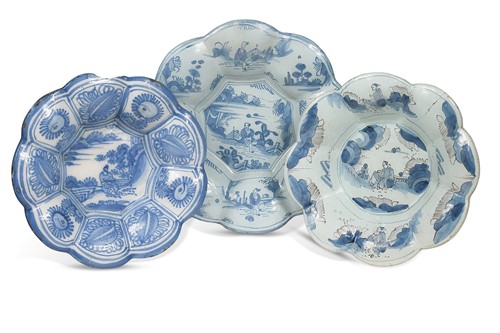 Lot 411 - Three Frankfurt blue and white lobed dishes, 17th/18th century
