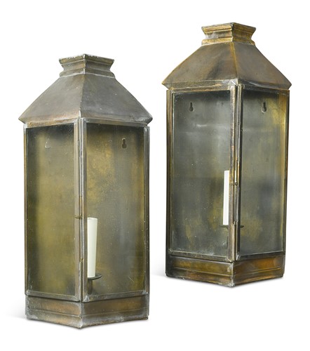 Lot 369 - A pair of patinated brass wall lamps, 20th century