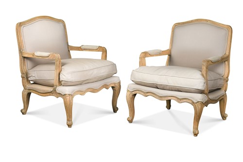Lot 589 - A pair of Louis XV style bleached wood fauteuil armchairs