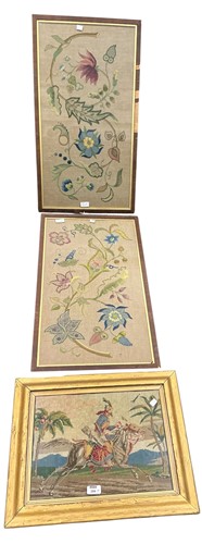Lot 399 - Group of textiles, pair of floral crewelwork...