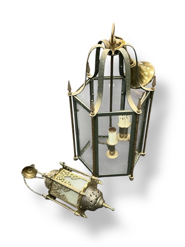 Lot 179 - A brass hall lantern, 60cm high and another...