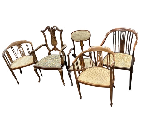 Lot 499 - A pair of Edwardian inlaid mahogany armchairs...