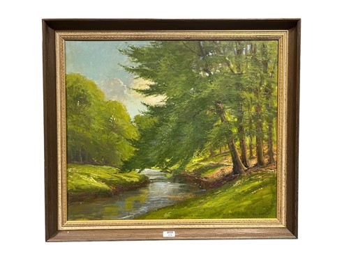 Lot 379 - R Hildebrandt Tree lined stream signed oil on...