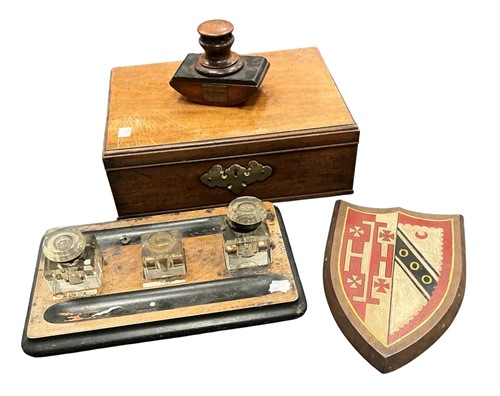 Lot 135 - A mahogany box, painted armorial crest, an ink...