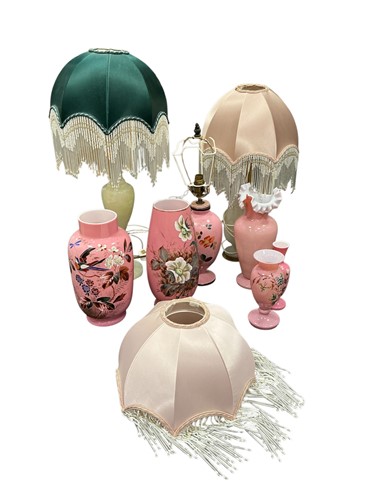 Lot 100 - A group of lustres, vaseline glass, lamps etc.