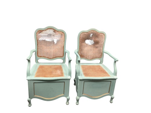 Lot 441 - A pair of blue painted commode armchairs, 20th...