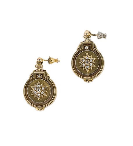 Lot 10 - A pair of Victorian Etruscan revival diamond and pearl ear pendants