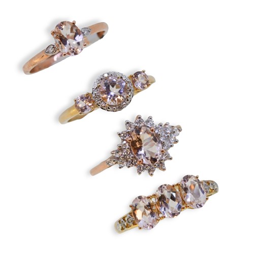 Lot 62 - Four 9ct gold morganite Gemporia rings, together with a pair of ear studs
