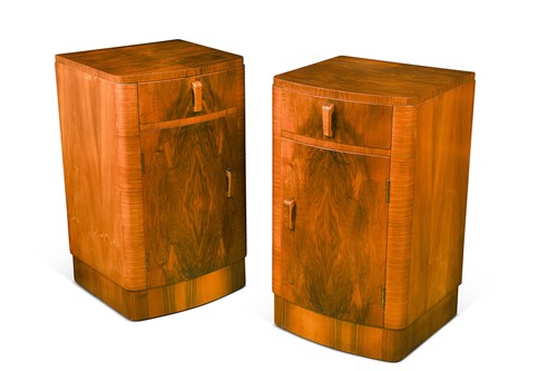 Lot 408 - A pair of Art Deco walnut bowfront bedsides