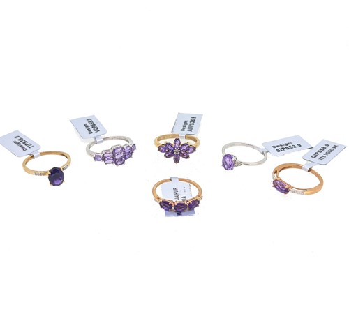 Lot 91 - A group of six 9ct gold amethyst and diamond Gemporia rings