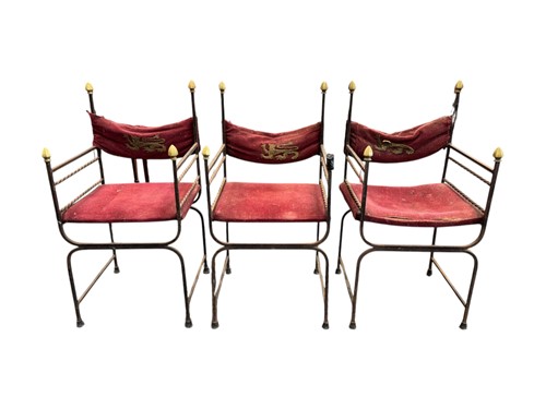 Lot 509 - Three wrought iron and brass curule-type...