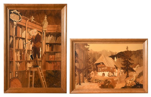 Lot 217 - Buchschmid & Gretaux, two mid-20th century marquetry pictures