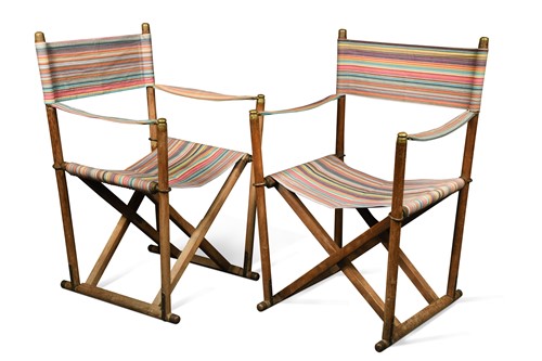 Lot 427 - A pair of teak Mogens Koch Mk-16 style Safari folding chairs, 20th century