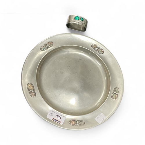 Lot 126 - Pewter dish and napkin ring, Archibold Knox...