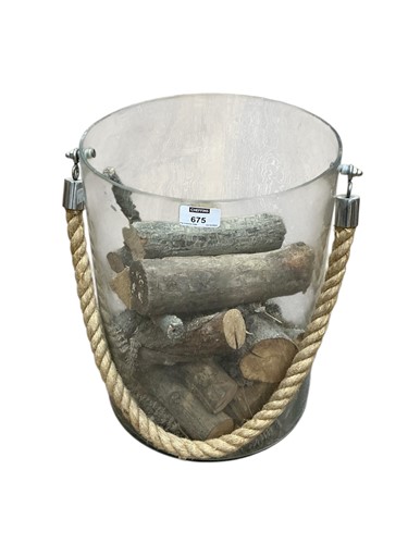 Lot 675 - A glass log bin with rope handle 36.5 x 28cm