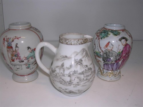 Lot 135 - Two late 18th century famille rose tea caddies and a grisaille jug