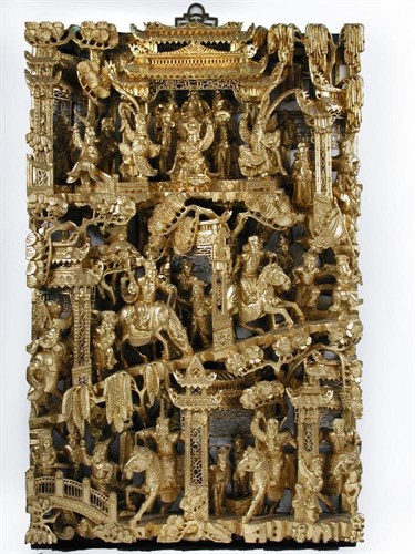 Lot 754 - A pair of 19th century Chinese carved and gilt temple panels