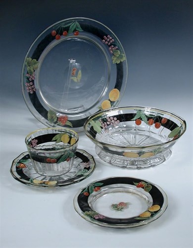 Lot 486 - A French enamelled glass fruit set by Damon et Delente, Malesherbes, Paris