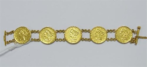Lot 212 - A bracelet formed from five late 19th century US $5 gold coins