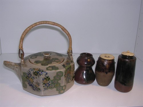 Lot 162 - Three Bizen wares and an Oribe tea pot and covers
