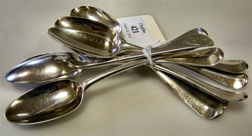 Lot 421 - A set of eight George II silver hanoverian pattern teaspoons