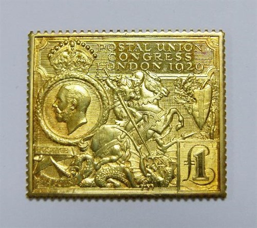 Lot 323 - A 22ct gold replica of the 1929  £1 Postal Union Stamp
