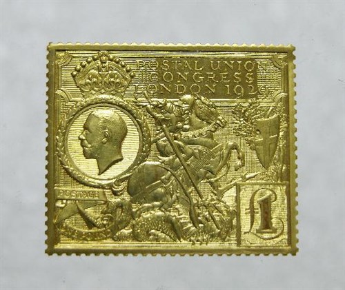 Lot 281 - A 22ct gold replica of the 1929  £1 Postal Union Stamp