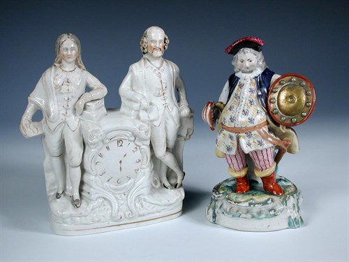 Lot 37 - A mid 19th century Staffordshire figure of John Quinn as Falstaff and a group of Milton and Shakespeare