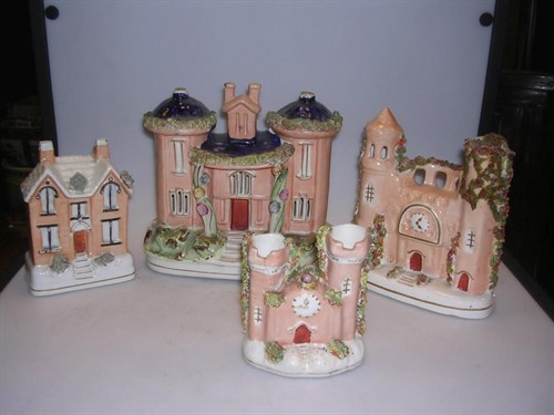 Lot 46 - Four Staffordshire salmon pink bulidings