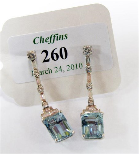 Lot 260 - A pair of 18ct white gold aquamarine and diamond earpendants