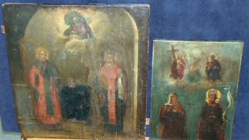 Lot 546 - 'Taken from a Church in Sebastopol on 9th September 1855...', two 18th century icons