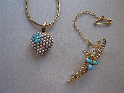 Lot 177 - A Victorian diamond, seed pearl and turquoise heart pendant and similar brooch