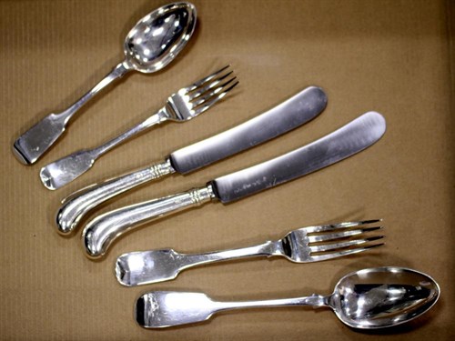 Lot 299 - A matched set of mostly early/mid 19th century silver fiddle pattern flatware