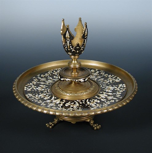 Lot 621 - 'Mayot Lyon', a gilt metal and champlevé tazza centrepiece