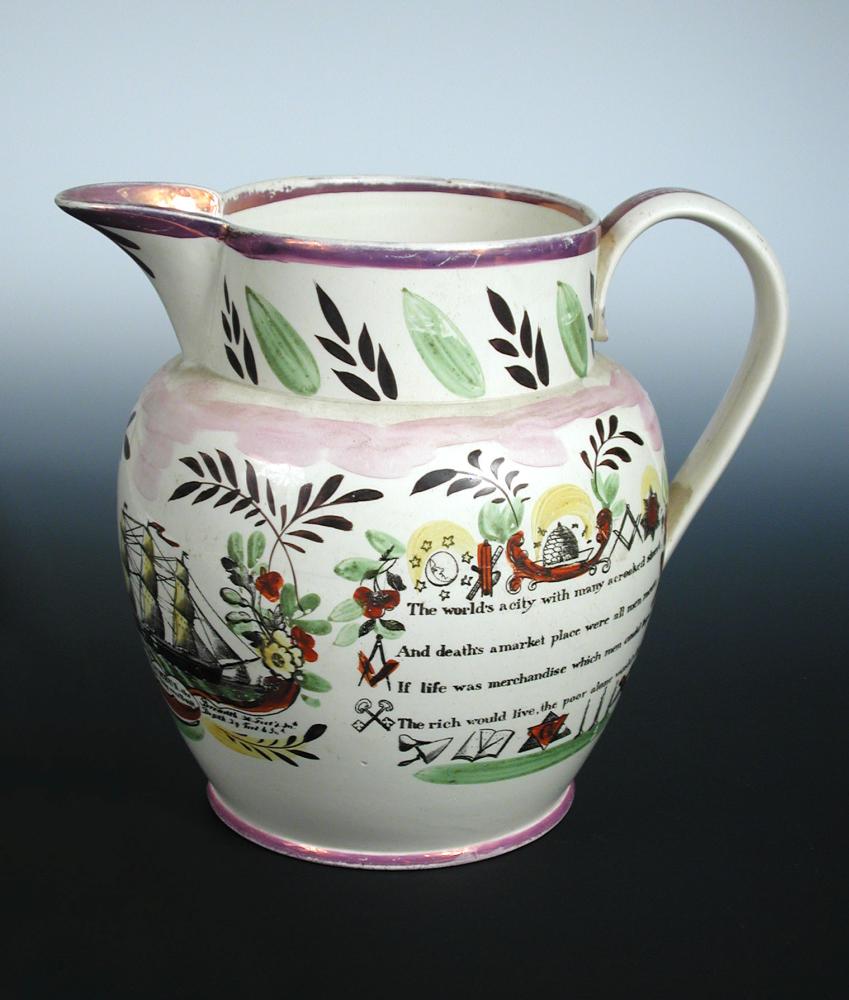 Lot 18 - A Sunderland pink lustre jug commemorating...