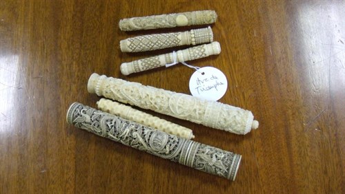 Lot 553 - Three 19th century Chinese ivory needle cases and three European