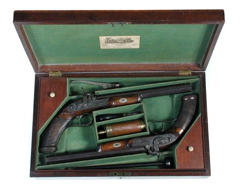 Lot 557 - A cased pair of English percussion cap pistols by William Dooley, Liverpool, circa 1850